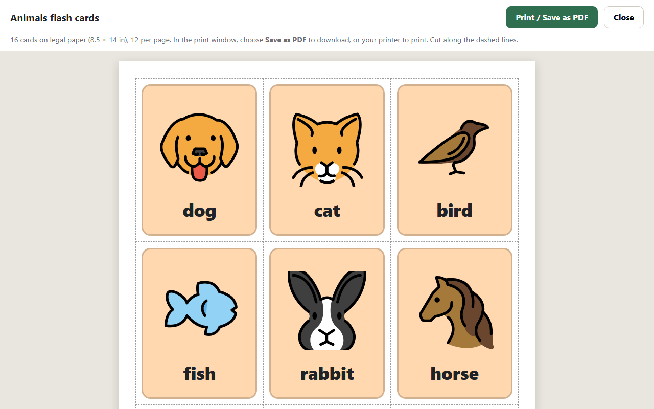 Download any category as flash cards to print or save as PDF