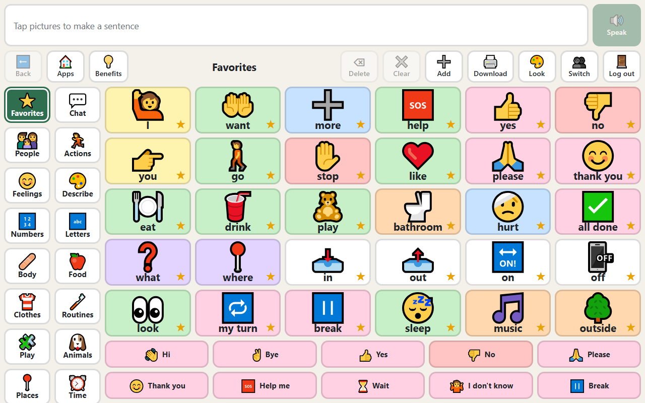 Tap pictures to talk, or build a sentence